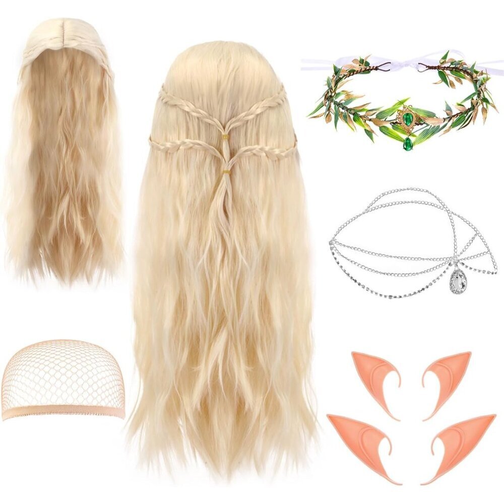 Fairy Costume Set Women Elf Ears Rhinestone Headpiece Wig Leaf Crown Cosplay